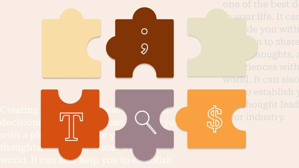  Six pièces de puzzle avec la lettre "T", ";", "$" et une loupe graphique sur fond beige avec texte