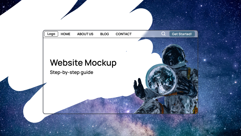 Hintergrund mit Weltraum und einem Browser-Fenster mit einem Raumfahrer darin und den Worten "Website Mockup: Schritt-für-Schritt-Anleitung"