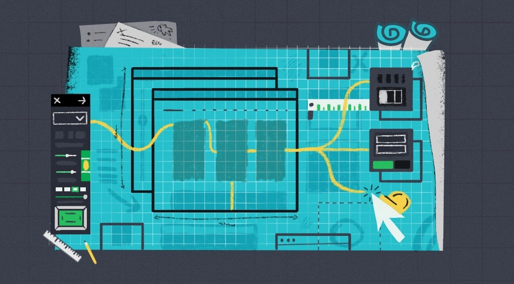 Blue design plan that showing elements of website builders