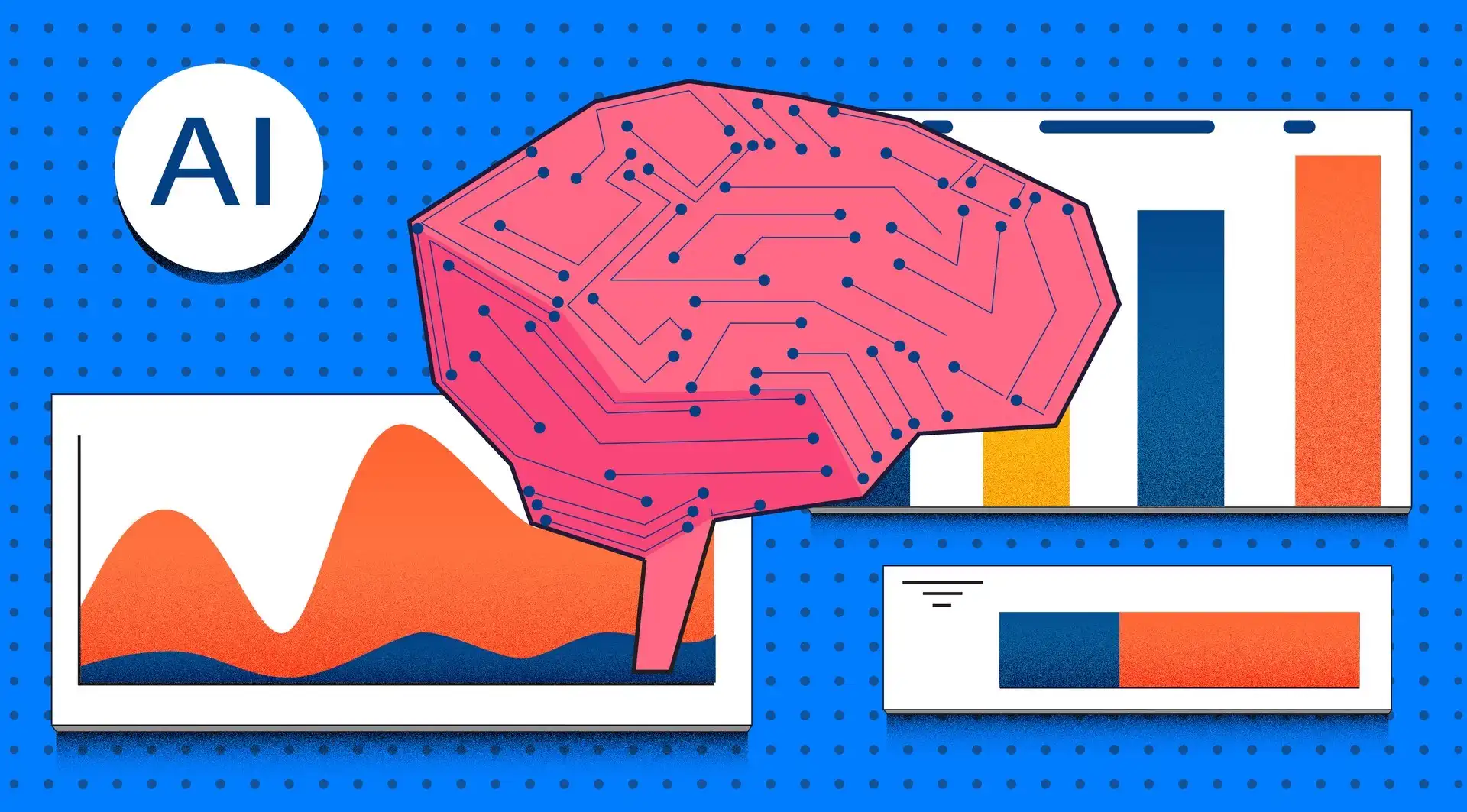 A brain under which there are boards with various charts