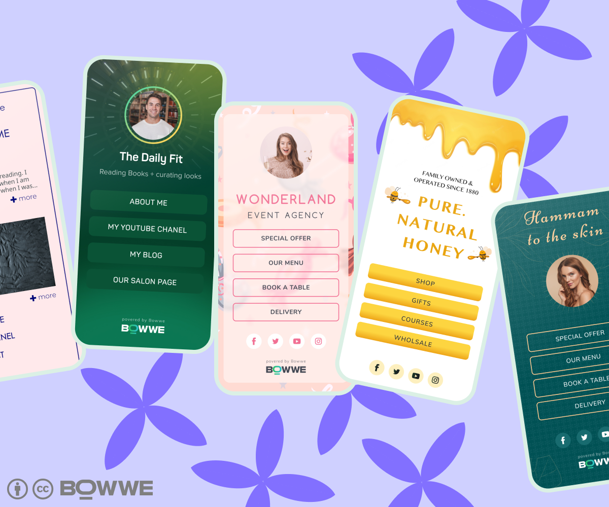 Graphique violet avec 5 modèles de microsite de BOWWE