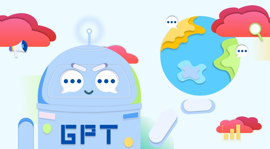  Un robot avec le mot "GPT" sur son ventre.   En arrière-plan, vous pouvez voir des nuages ​​colorés et de la terre.