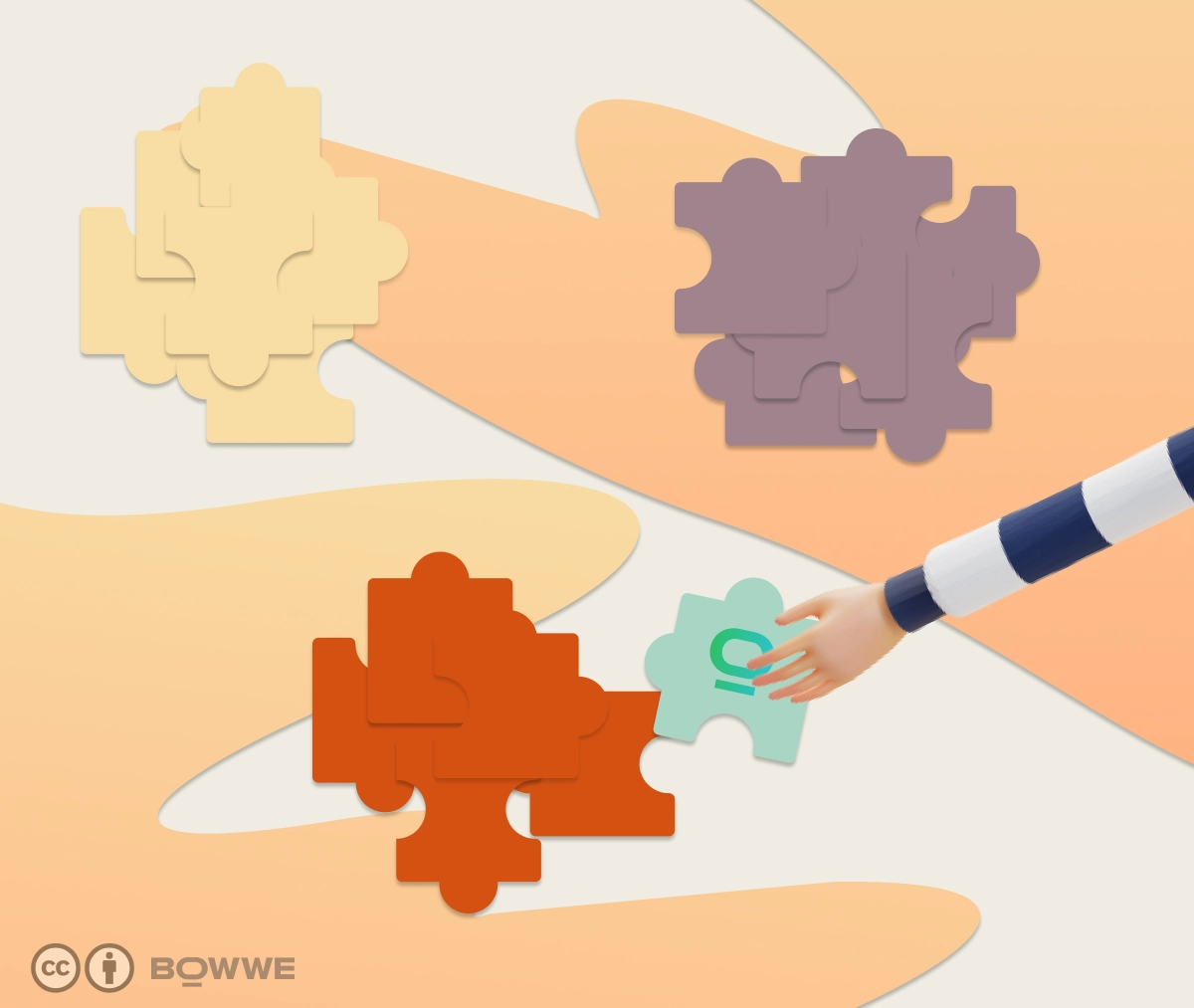 Trois groupes de puzzles, chacun dans une couleur différente et avec une main qui sort un puzzle vert avec le logo du créateur du site BOWWE d'un groupe