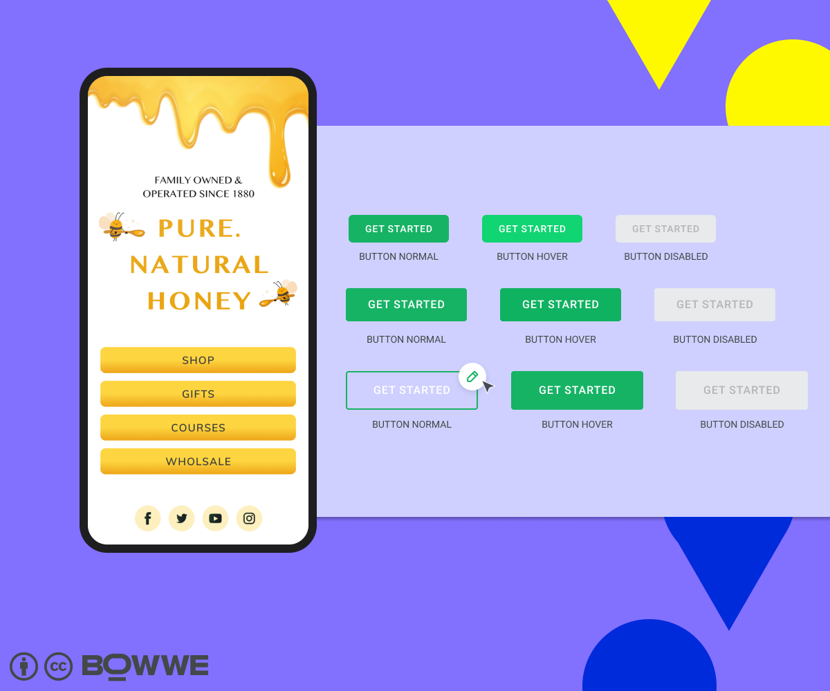 Violet graphics with a mockup of a cell with a microsite template in the middle, from which a light purple rectangle emerges with various types of CTA buttons