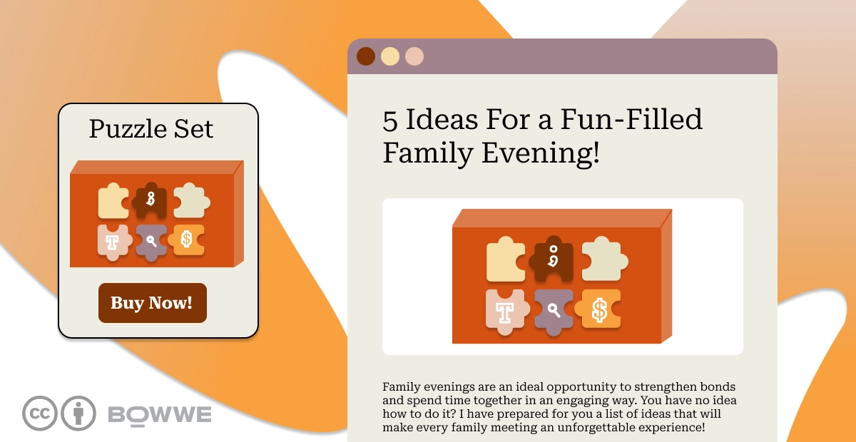 Browserfenster mit einem Auszug aus dem Artikel "5 Ideen für einen lustigen Familienabend!"  zusammen mit der Grafik im Artikel, wo sich die orange Puzzlebox befindet.  Auf der linken Seite befindet sich ein zweites Browserfenster, das dieselbe Rätselbox zeigt, und darunter befindet sich ein "Jetzt kaufen!"  Knopf