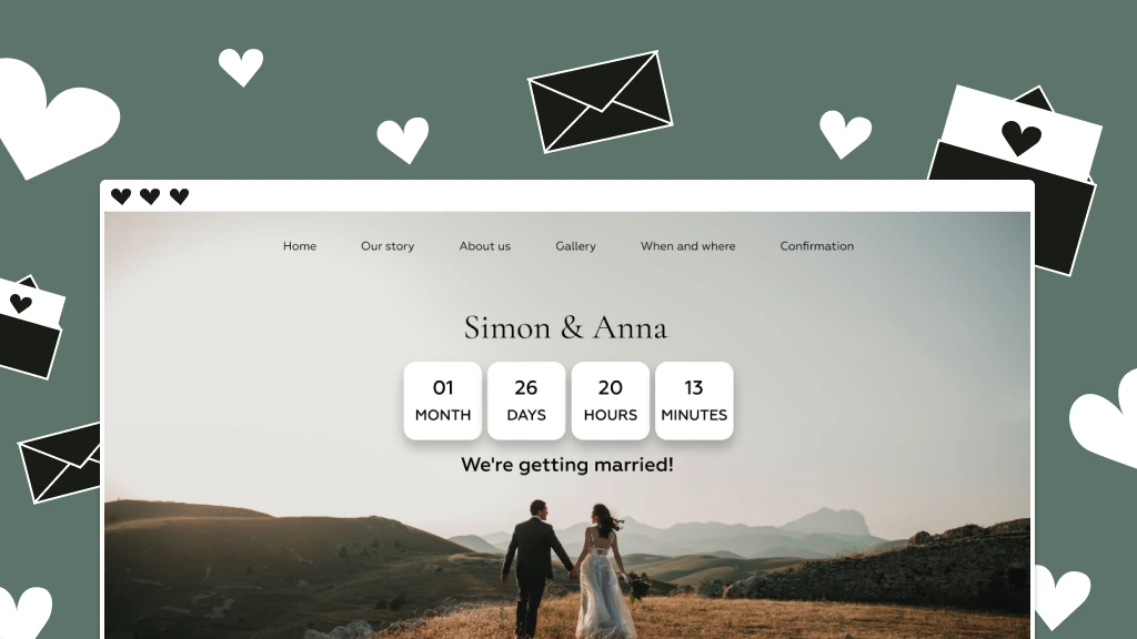  Fenêtre du navigateur avec un modèle de site Web de mariage sur un fond vert foncé avec des icônes de carte postale et de cœur