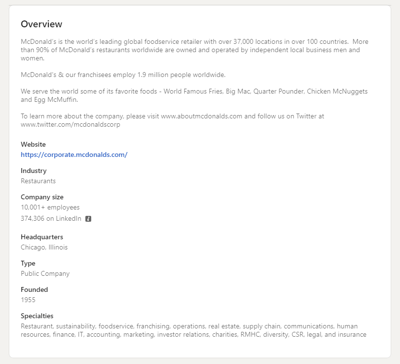 McDonalds Profil auf LinkedIn