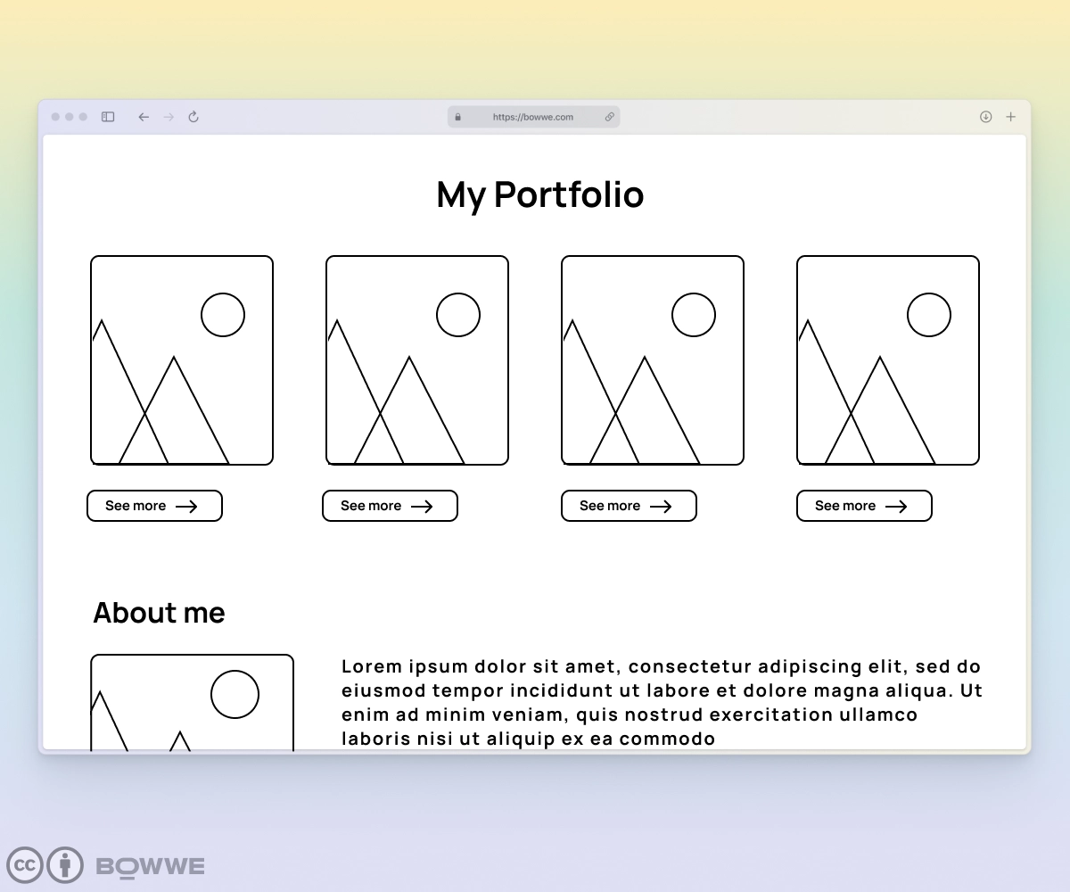 Ein Browserfenster, in dem ein schwarz-weißes Portfolio-Mockup zu sehen ist. 