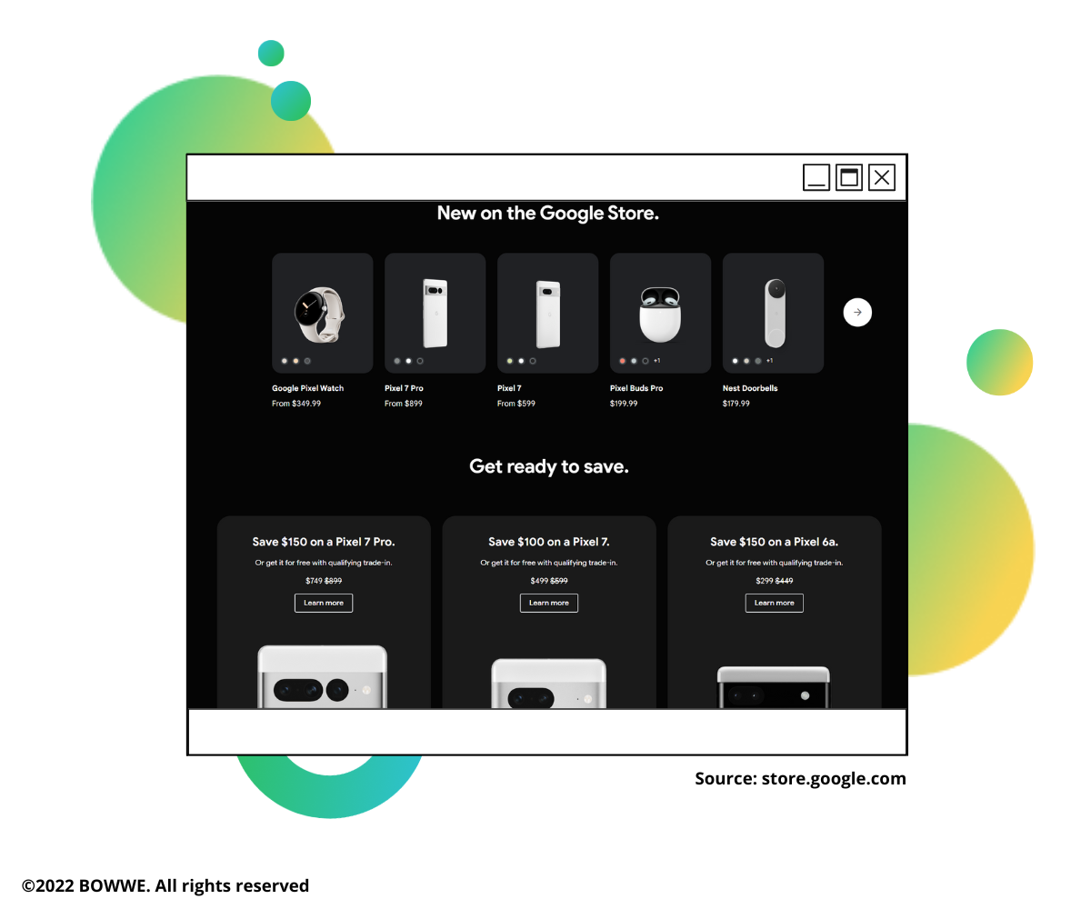 Capture d'écran de store.google.com montrant d'innombrables appareils électroniques sur fond noir